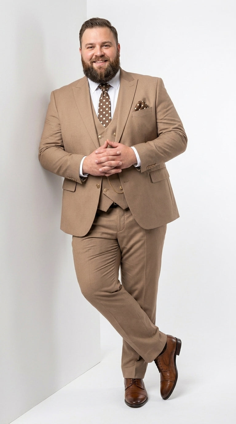 Men’s Rossiman Tan Suit with Gold Buttons, Peak Lapel Jacket and Double Breasted Vest Modern Fit