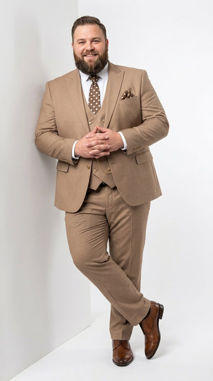 Men’s Rossiman Tan Suit with Gold Buttons, Peak Lapel Jacket and Double Breasted Vest Modern Fit