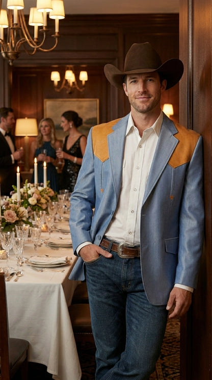 Men’s Sky Blue and Gold Western Cowboy Blazer – Classic Country Style Jacket, Retro in Steel Blue Color