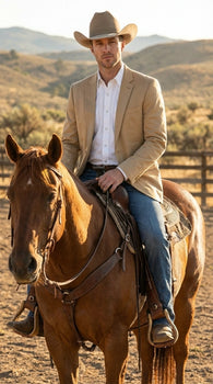 Men’s Tan Camel British Khaki Western Blazer – Two Button Classic Casual Sport Coat - Ranch Country Coat