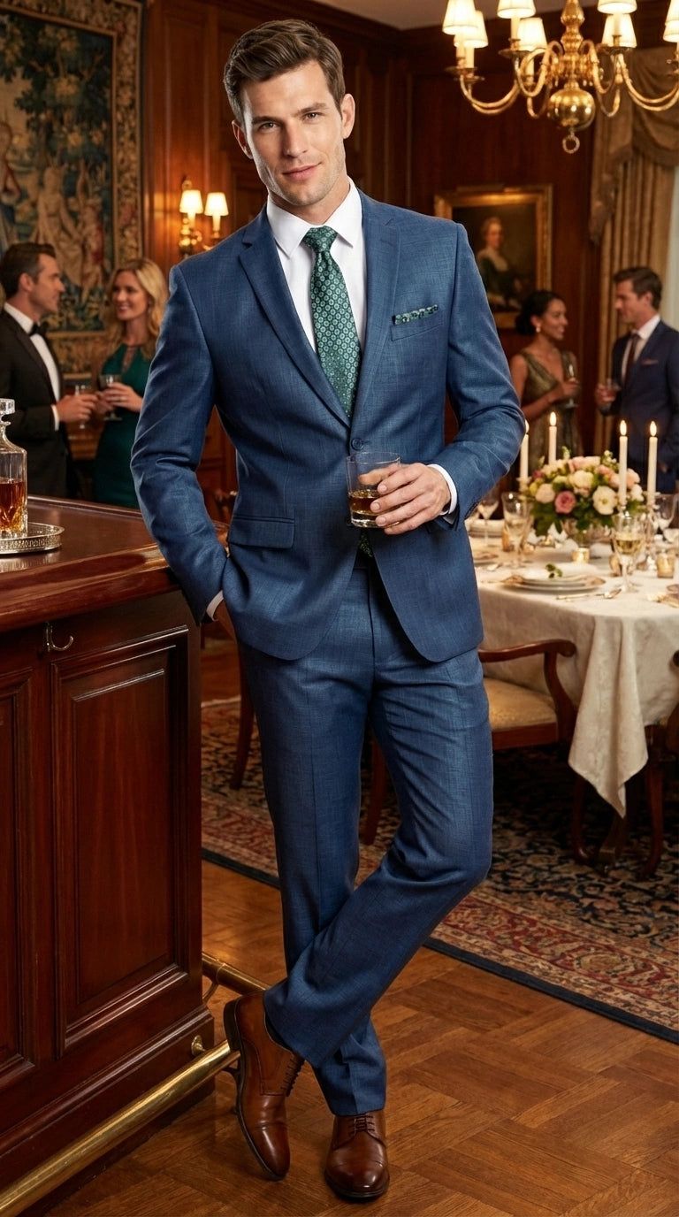 Men’s Indigo Blue Sharkskin Suit – Textured Shiny Formal Suit for Wedding, Business, 2 Buttons Slim Fitted