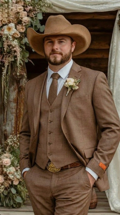 Men’s Light Brown Western 3 Piece Suit – Classic Country Style Blazer Vest Pants Set, Formal Cowboy Suit Toast