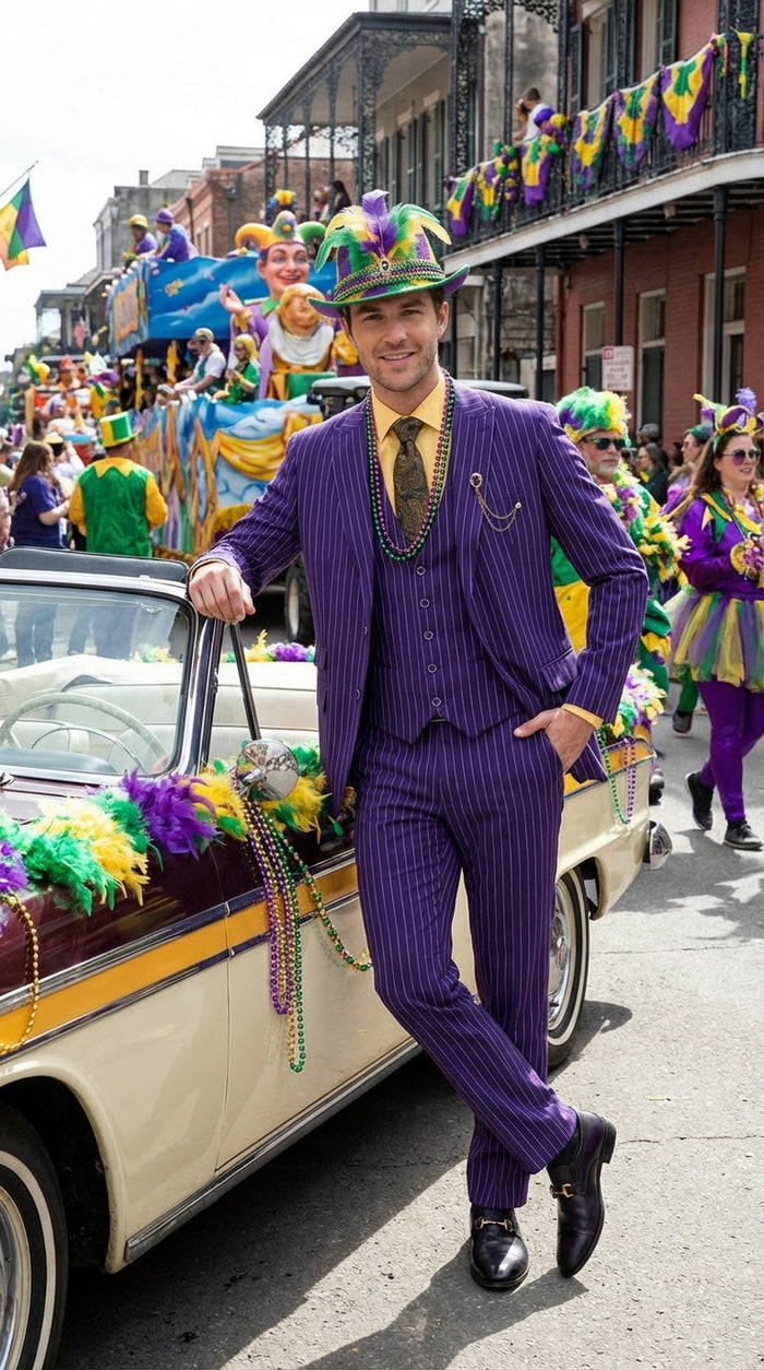 Men’s Purple Pinstripe Mardi Gras Suit | Three Piece Carnival Formal Suit with Vest Modern Fit
