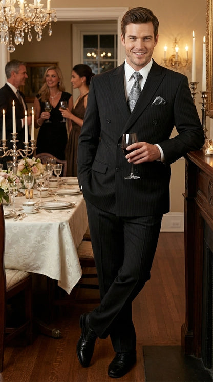 Men’s Black Pinstripe Double Breasted Suit – Peak Lapel Classic Fit Formal Business Conservative settle stripe