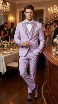 Men’s Lilac Suit with Silver Glitter Sequin Lapel – Lilac and Silver Formal Tuxedo Suit for Prom, Wedding  Lavender Tuxedo