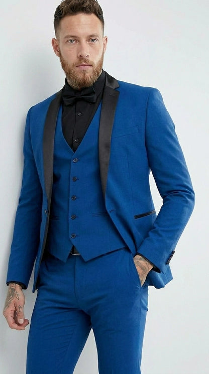 Men’s Royal Blue 3 Piece Suit with Black Lapel – Modern Formal Suit for Wedding, Prom and Party Wear Modern Fit