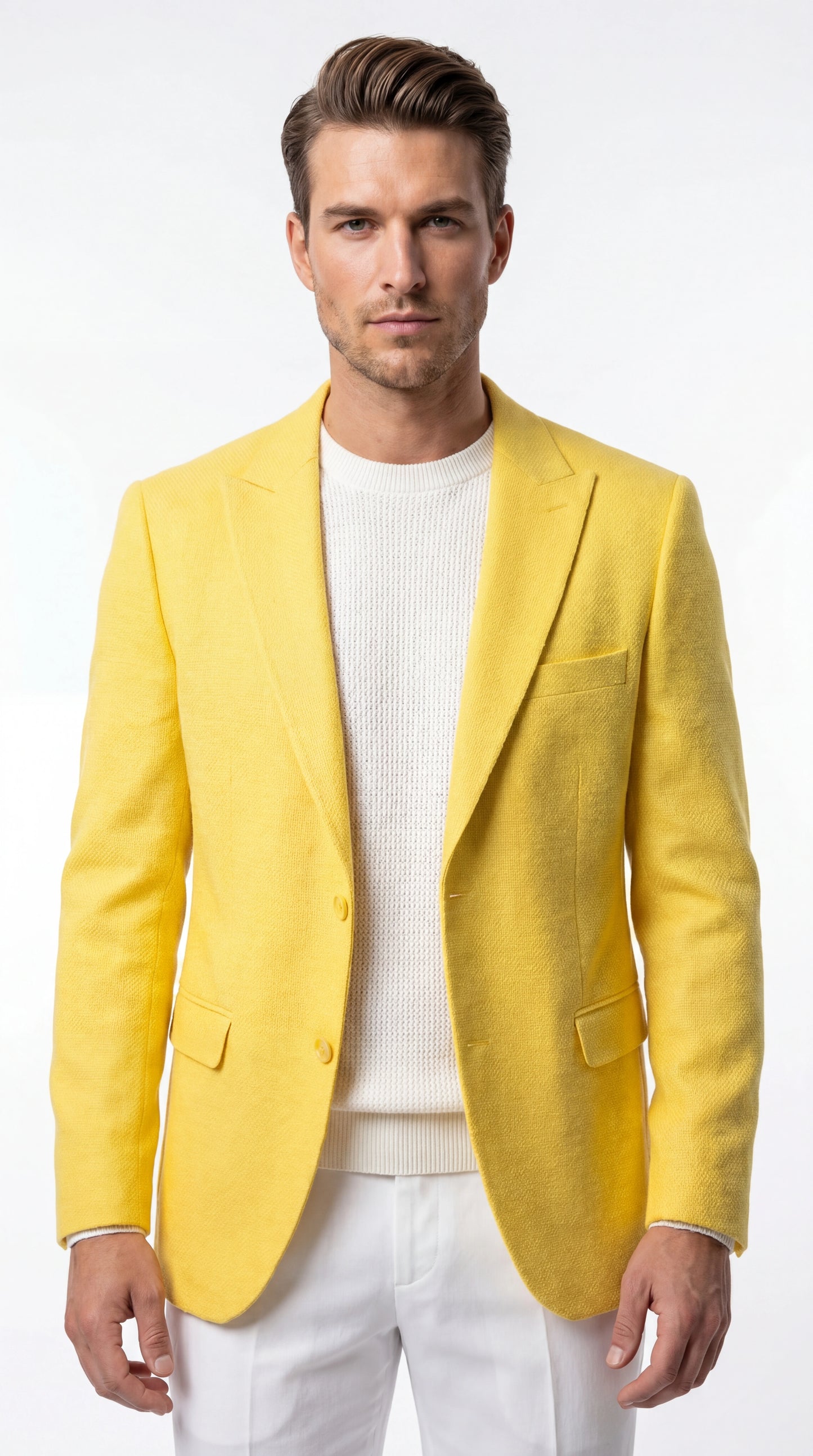 Zacci Brand Men’s Lemon Yellow Blazer Peak Lapel Hopsack Weave – Elegant Formal Blazer Jacket for Wedding, Party, Prom and Smart Casual Wear