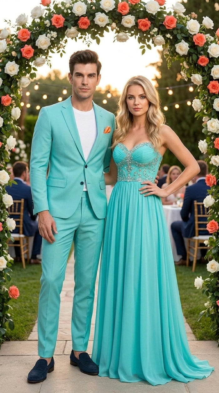 Men’s Turquoise 2 Piece Suit with Jacket and Pants, Formal Wedding Suit for Prom, Parties, Summer Events, and Special Occasions Modern Fit