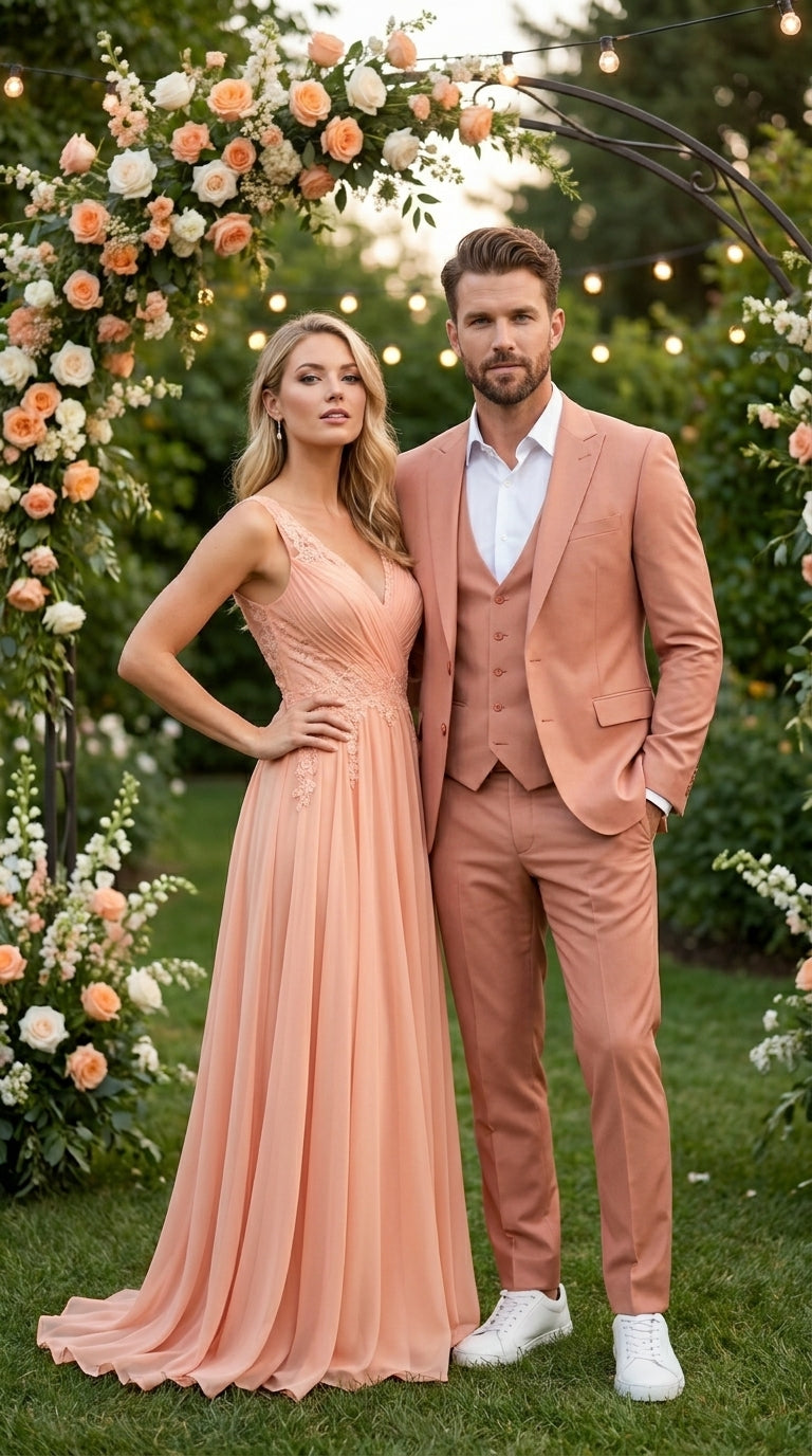 Men’s Peach Light Brown 3 Piece Suit – Wedding & Prom Formal Suit Set, Blazer Pants Double breasted vest