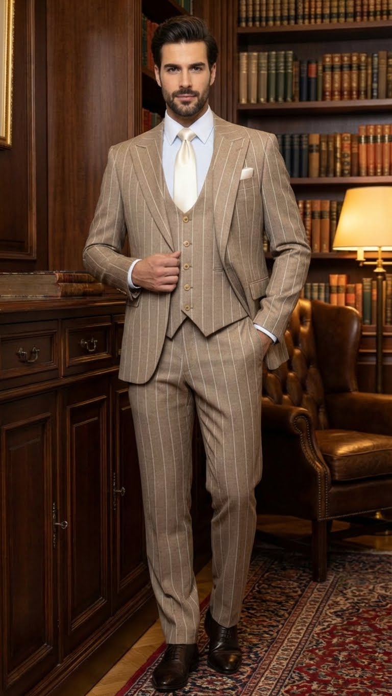 Men's Beige Pinstripe Three-Piece Vested Suit – Tailored Fit  Business Attire in Tan Stripe by Rossiman - Image 8