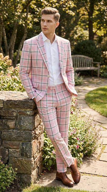 Men’s Pink Plaid Suit with Check Pattern Blazer and Matching Pants, Formal Wedding Party Dress Suit