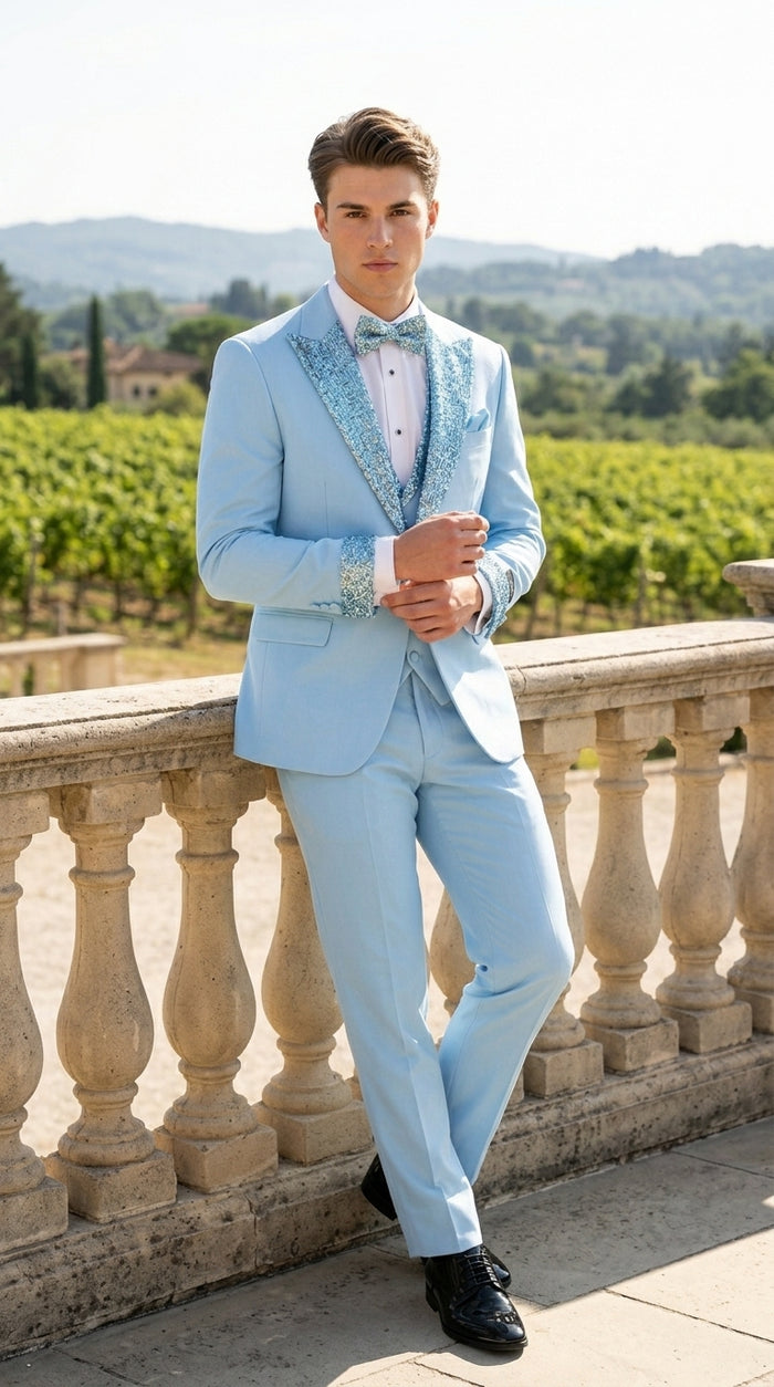 Sky Blue Prom Tuxedo - Perfect Wedding Suit Vested Rhinestone sequin Lapelled