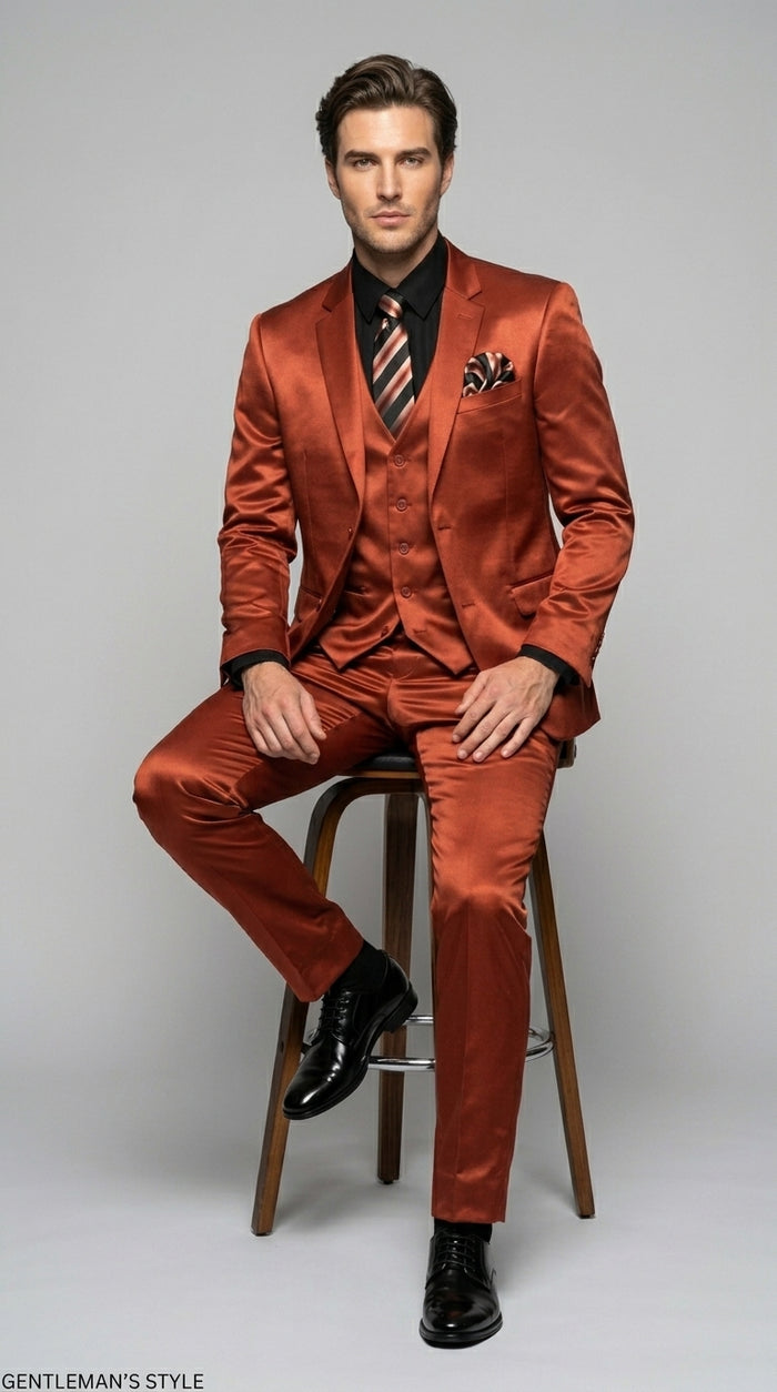 Men’s Rust Copper Coganc Shiny Sateen 3 Piece Suit, Vested Formal Wedding Prom Suit Set Ultra Slim Fit