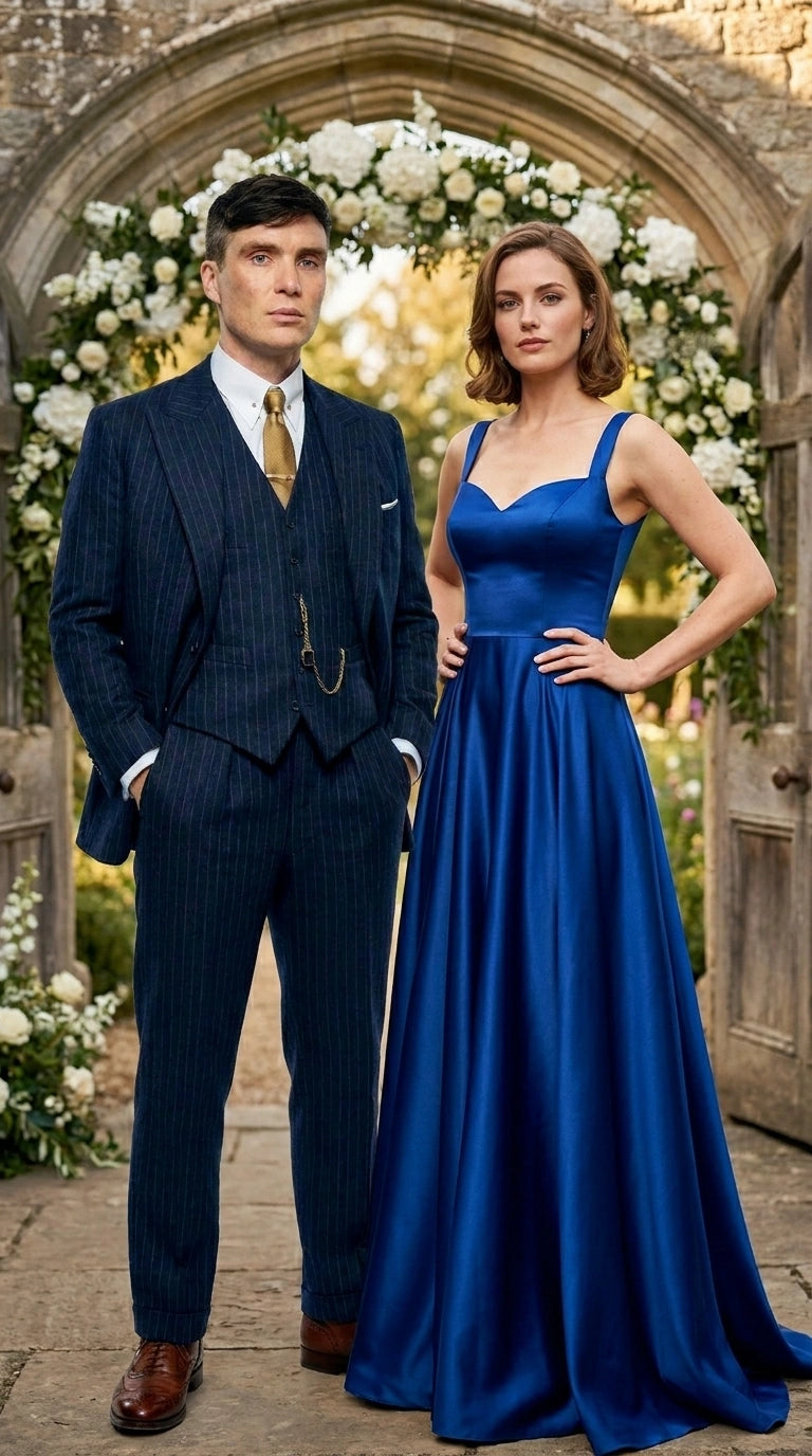 Men’s Navy Blue Pinstripe 3 Piece Suit, Thomas Shelby Inspired Vintage Formal Suit for Weddings, Parties, Prom, and Special Events Modern Fit