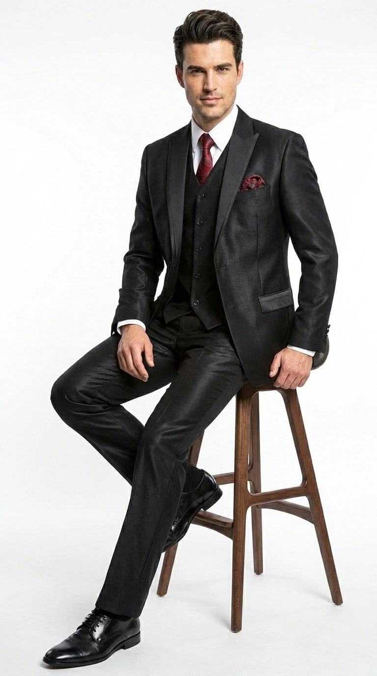Men’s Black Shiny 3 Piece Tuxedo Groom Suit, Formal Vest Suit for Weddings, Prom, Black Tie Events, Black Lapel