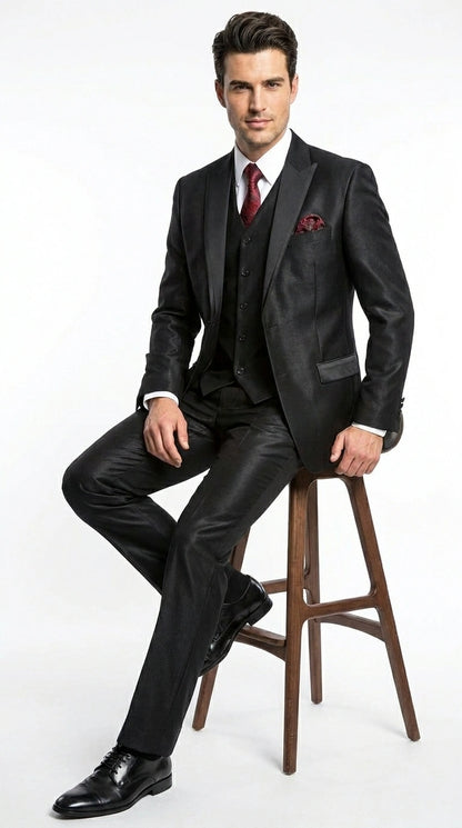 Men’s Black Shiny 3 Piece Tuxedo Groom Suit, Formal Vest Suit for Weddings, Prom, Black Tie Events, Black Lapel