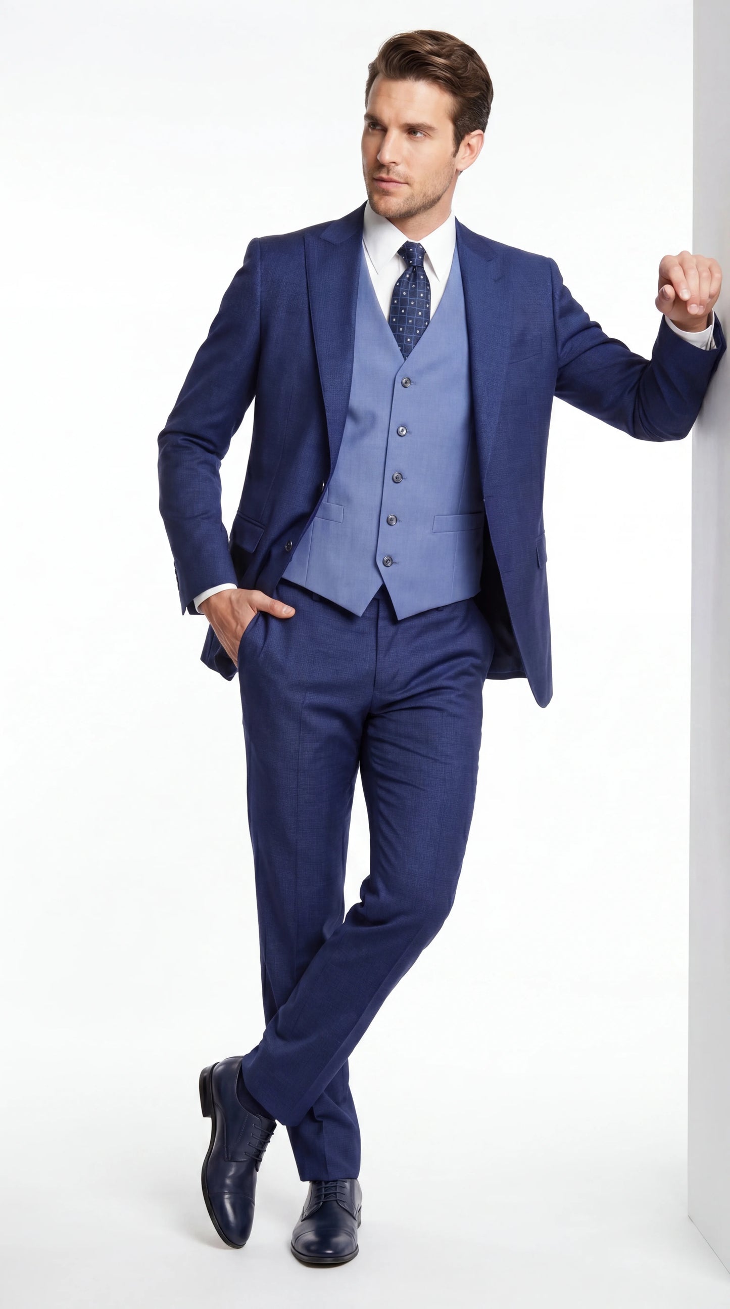 Vitali Men’s Navy Blue 3 Piece Suit with Light Blue Vest, Textured Formal Dress Suit for Weddings, Prom, Business Events, and Parties Modern Fit