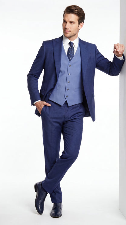Vitali Men’s Navy Blue 3 Piece Suit with Light Blue Vest, Textured Formal Dress Suit for Weddings, Prom, Business Events, and Parties Modern Fit