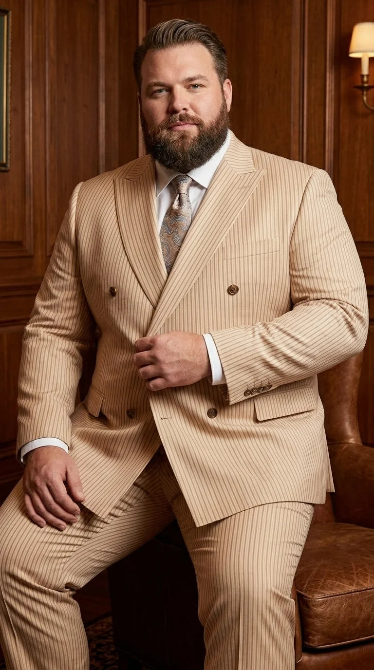 Vitali Men’s Tone on Tone Beige Pinstripe 2 Piece Suit, Double Breasted Summer Dress Suit for Weddings, Tan Beige Shadow Pinstripe Modern Fit