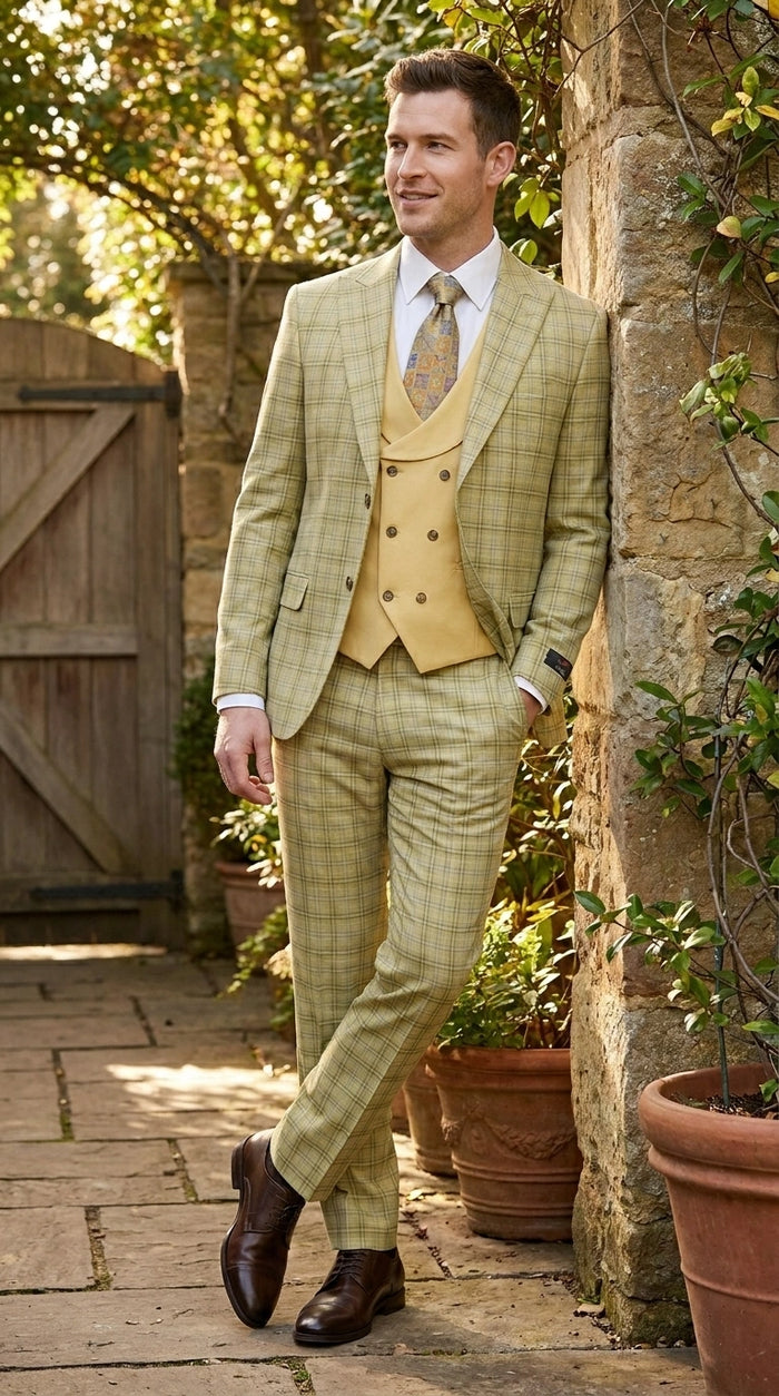 Vitali Men’s Sage Beige Tan Plaid 3 Piece Suit, Check Pattern Formal Dress Suit for Weddings, Prom, Business Events,Light Yellow Color Modern Fit