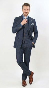 Men’s Pleated Pants Dark Blue Denim 3 Piece Suit – 100% Cotton Formal Suit Set, Blazer Vest Pants Outfit Classic Fit Athletic Fit Lose Fit