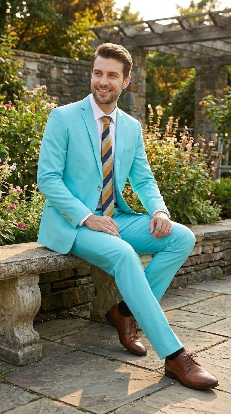 Men’s Aqua Blue 2 Piece 2 Button Suit, Formal Dress Suit for Weddings, Prom, Parties, Summer Events, Turquoise Light blue Modern Fit