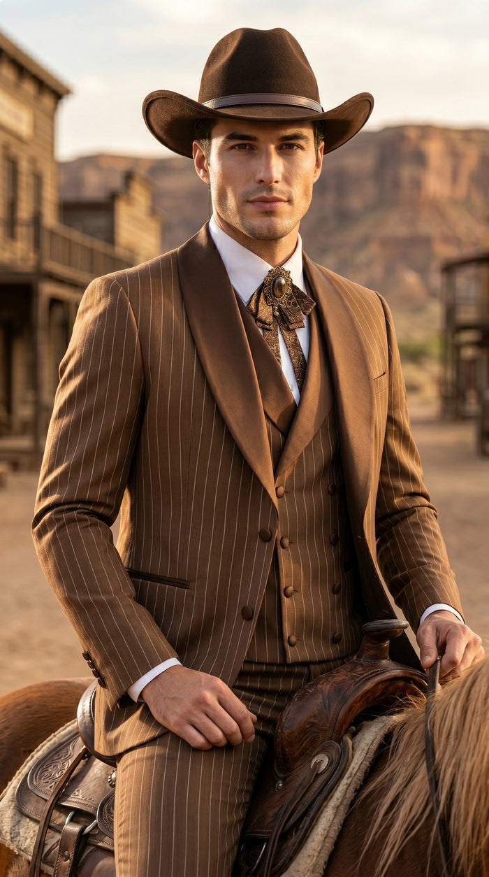 Men’s Brown Pinstripe Western Cowboy Tuxedo, Contrast Shawl Lapel Formal Suit for Weddings, Prom, Parties, and Special Occasions