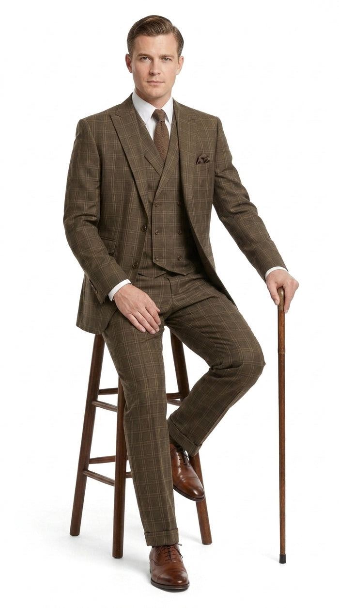 Men’s 1930s Brown Plaid 3 Piece Suit, Vintage Formal Wedding Business Dress Suit Set  Modern Fit