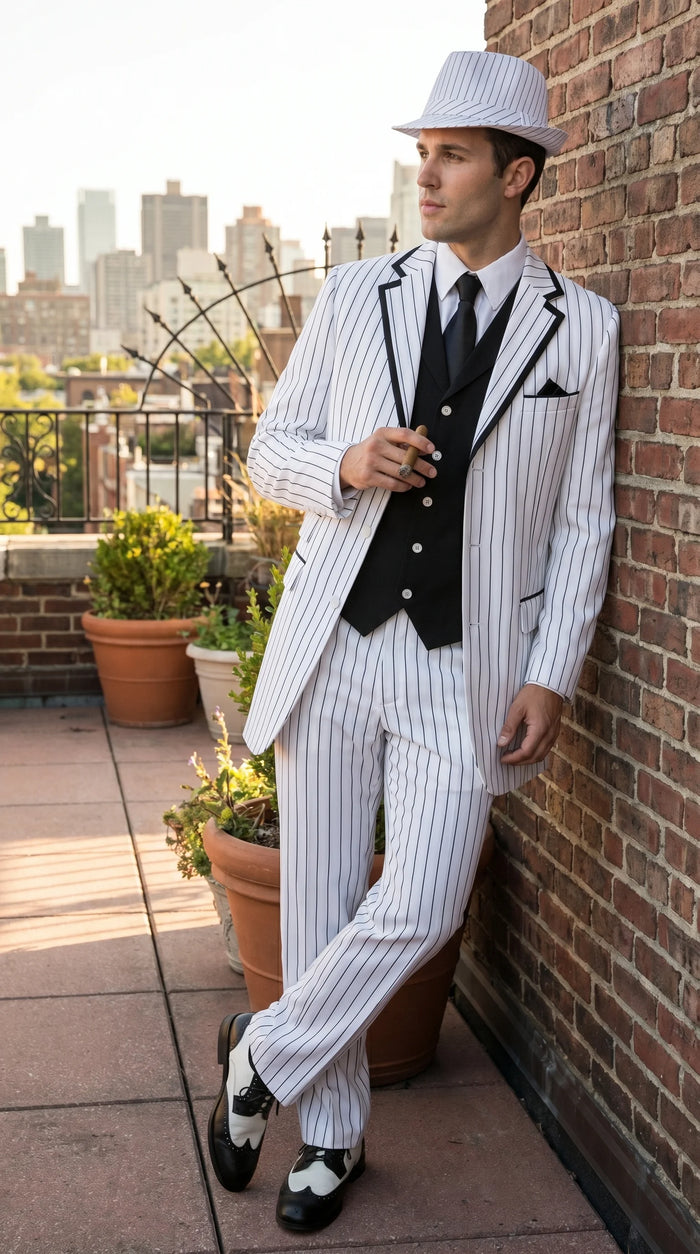 Men’s White Pinstripe 1920s Gangster 3 Piece Suit, Black Contrast Formal Costume Suit for Parties, Prom, Weddings, and Theme Events Modern Fit