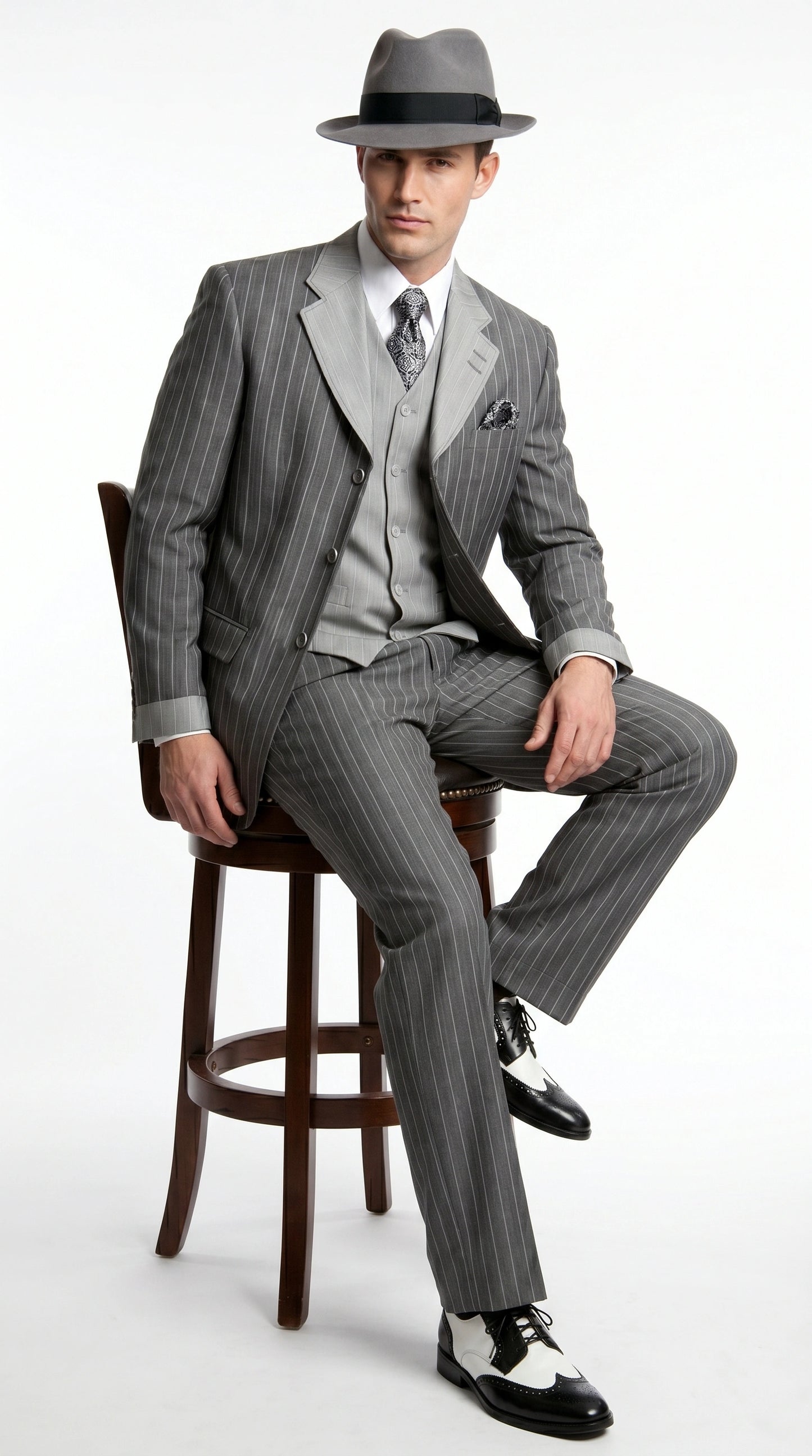 Men’s Grey Pinstripe 1920s Gangster 3 Piece Suit, Contrast Lapel Vintage Formal Suit for Parties, Prom, Weddings, and Theme Events Modern Fit
