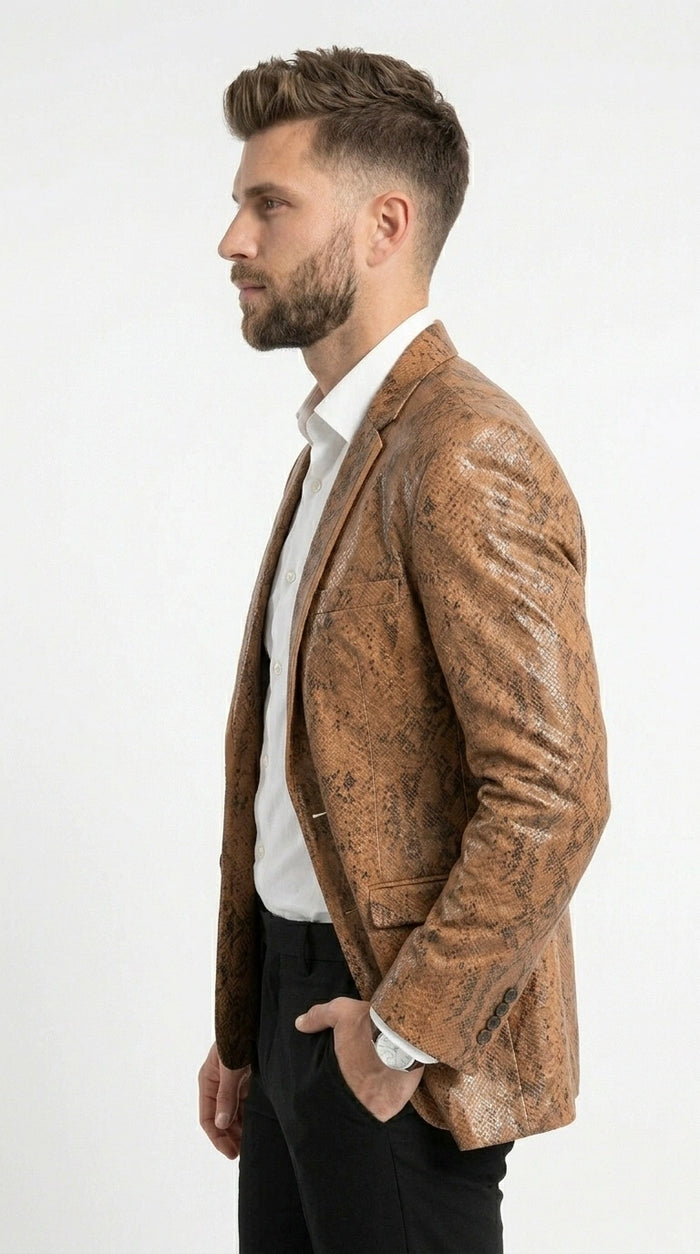 Men’s Tan Snakeskin Print Blazer, Brown Sport Coat Camel Alligator Crocodile Animal Print leopard Jacket