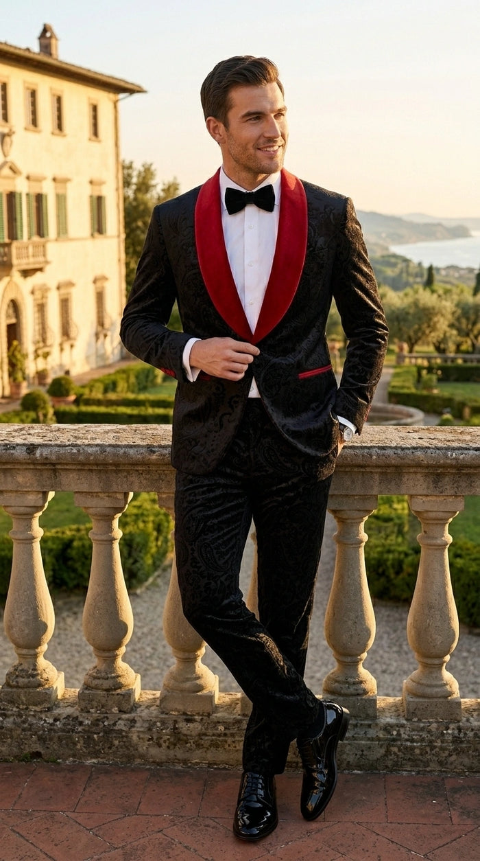 Men’s Black Paisley 2 Piece Suit with Red Shawl Lapel, Formal Wedding Prom Party Suit Set Modern Fit