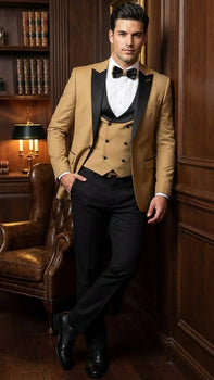 Men's Dark Camel Tan Khaki and Black Great Gatsby Tuxedo Suit – Vintage 1920s Formal Wedding, Party and Event Wear - Image 4