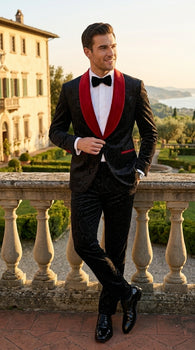 Men’s Black Paisley 2 Piece Suit with Red Shawl Lapel, Formal Wedding Prom Party Suit Set