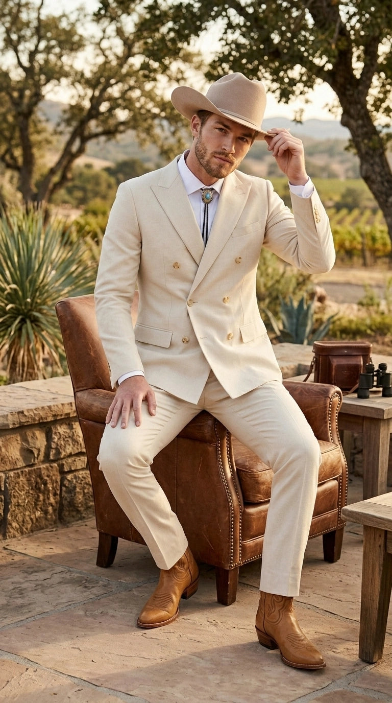 Men’s Tan Linen Cowboy Suit, Double Breasted Western Wedding Formal Western Suit Country style in Beige Tan Color