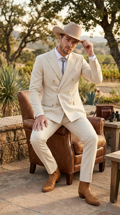 Men’s Tan Linen Cowboy Suit, Double Breasted Western Wedding Formal Western Suit Country style in Beige Tan Color