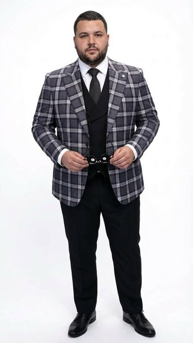 Men’s Big and Tall Charcoal Gray and Black Plaid Blazer – Grey Checker Windowpane Sport Coat