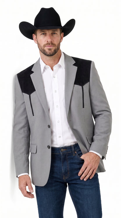 Men’s Grey Western Blazer with Black Suede Yoke – Cowboy Sport Coat for Rodeo, Country Wedding & Ranch Wear
