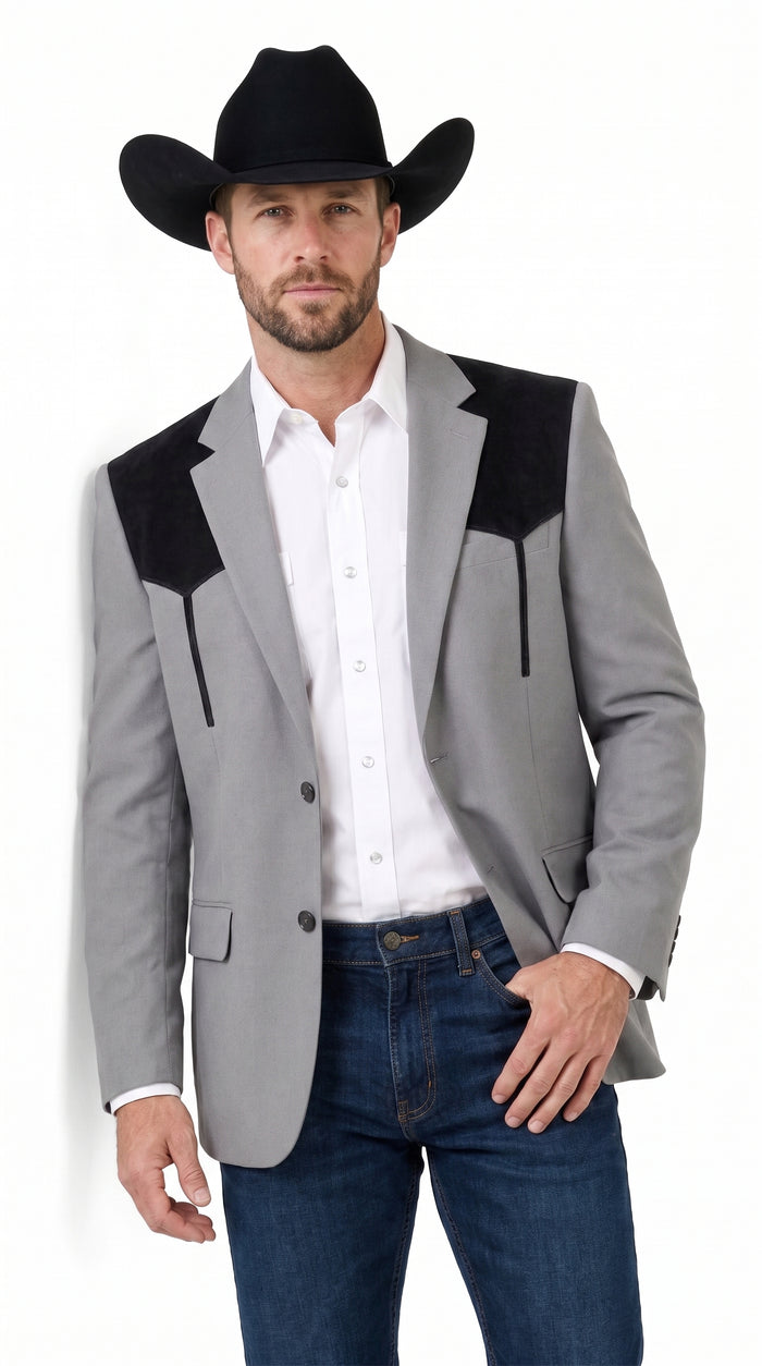 Men’s Grey Western Blazer with Black Suede Yoke – Cowboy Sport Coat for Rodeo, Country Wedding & Ranch Wear