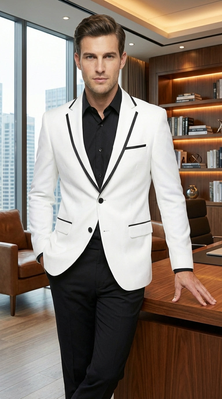 Men’s White Disco Blazer 70s Era Costume Jacket – Black Trim Retro Party Blazer, Vintage Dance Outfit, Stylish Evening Themed Wear