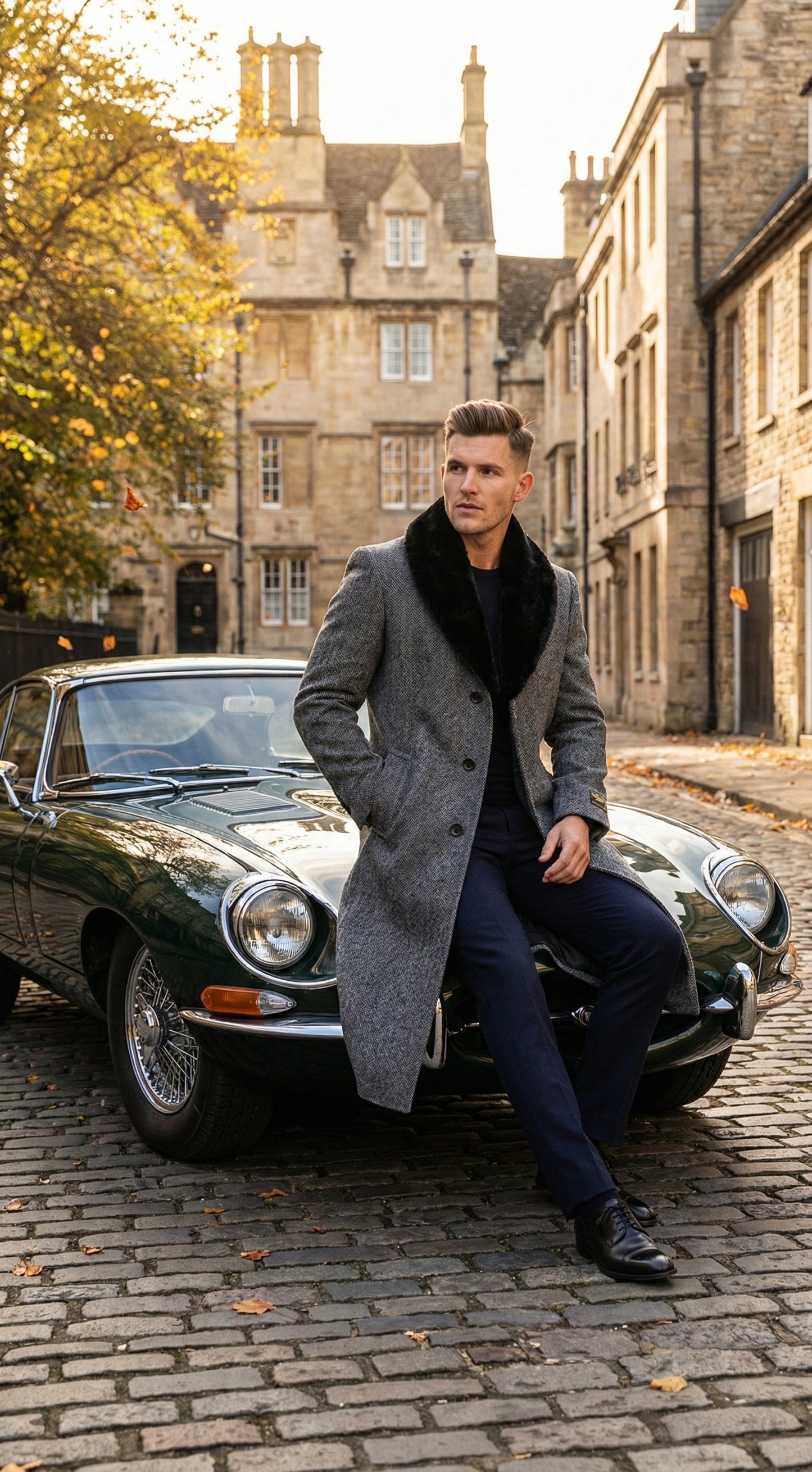 Men's Grey Herringbone Tweed Long Overcoat with Black Faux Fur Collar, Classic Winter Topcoat - Image 8