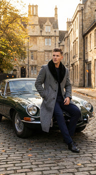 Men's Grey Herringbone Tweed Long Overcoat with Black Faux Fur Collar, Classic Winter Topcoat - Image 8