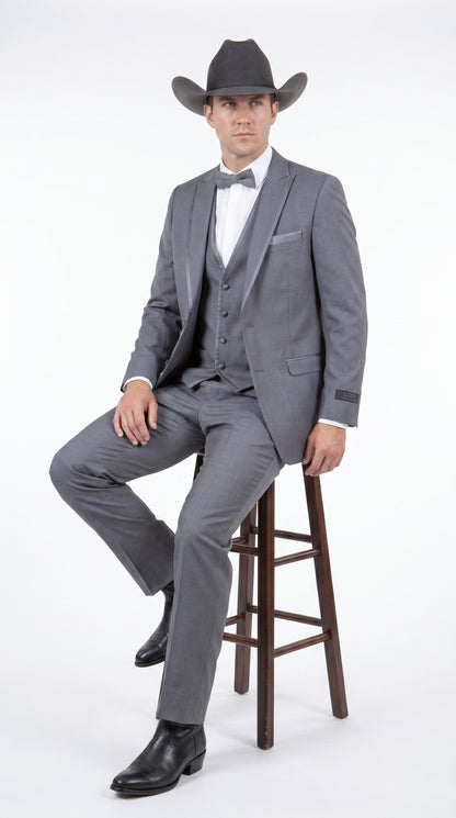 Men's Medium Grey Western 3-Piece Tuxedo Suit with Vest – Cowboy Style Formal Country Outfit