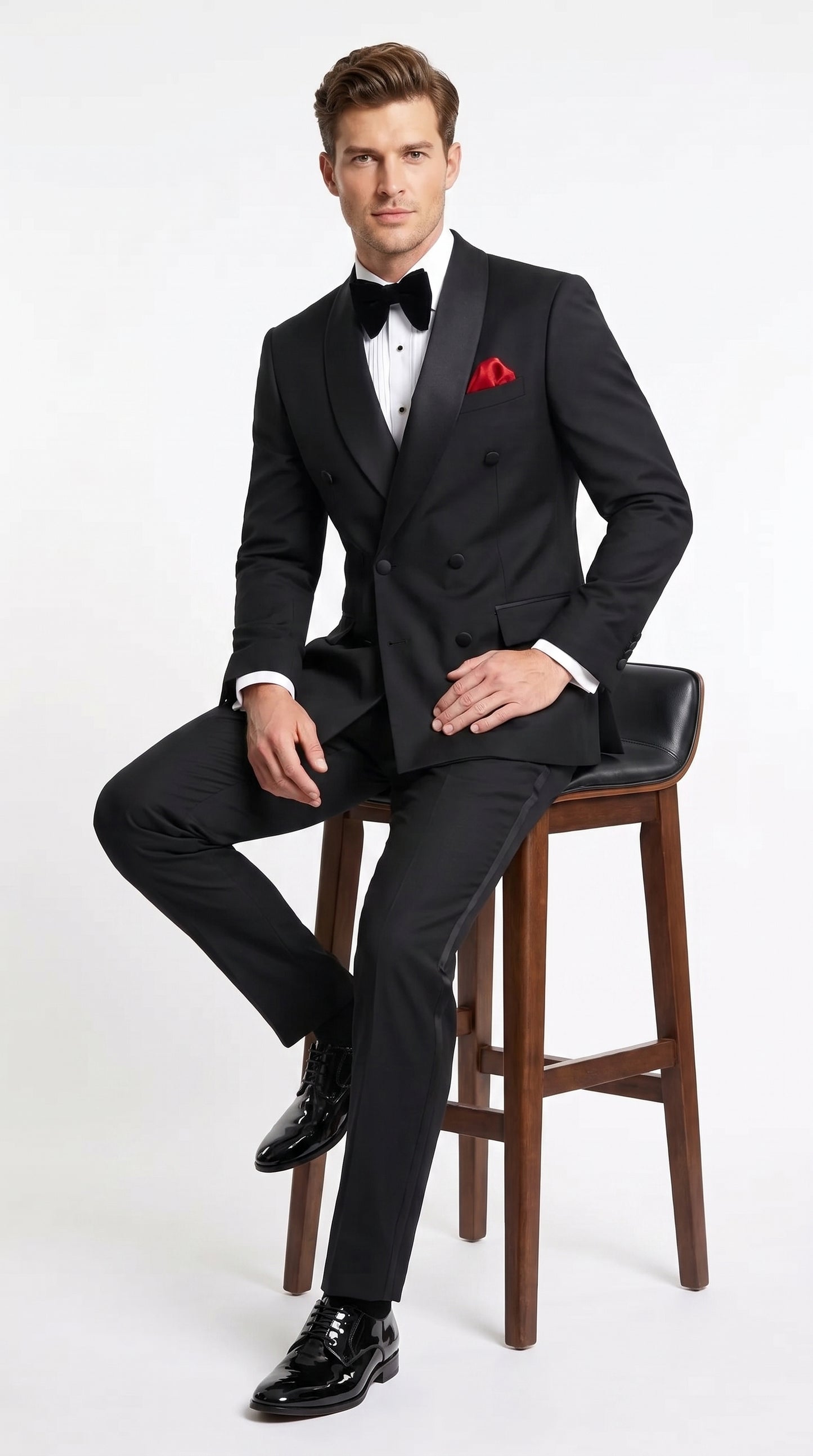 Men’s Black Double Breasted Evening Wear Suit with Satin Shawl Lapel and Red Pocket Square  Modern Fit