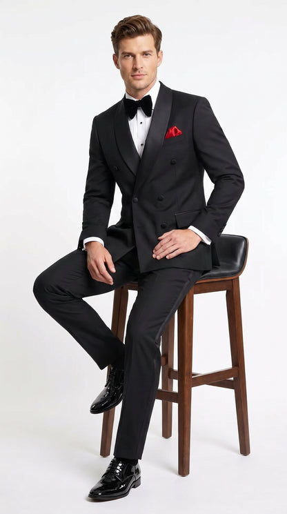 Men’s Black Double Breasted Evening Wear Suit with Satin Shawl Lapel and Red Pocket Square  Modern Fit