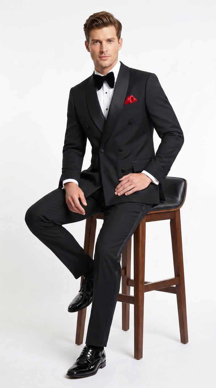 Men’s Black Double Breasted Evening Wear Suit with Satin Shawl Lapel and Red Pocket Square  Modern Fit