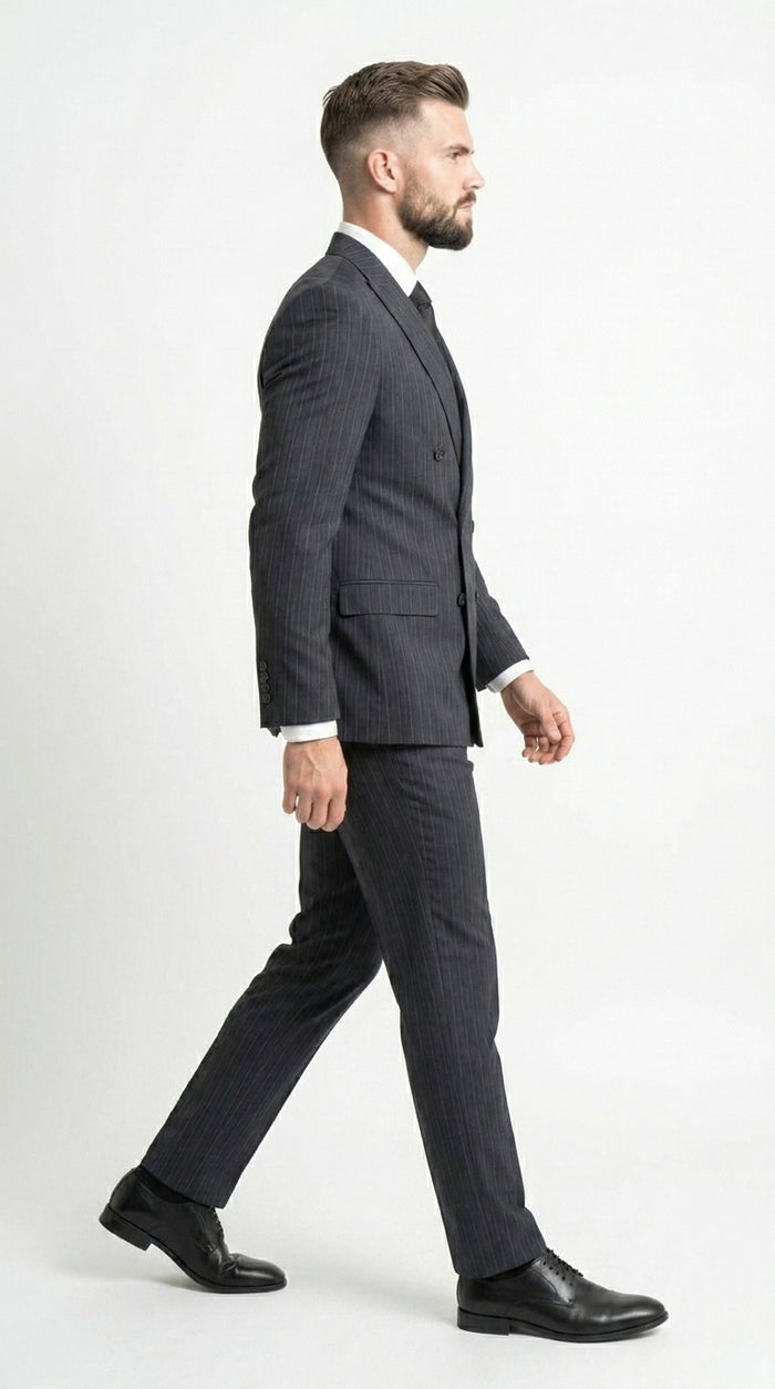Men’s Black Pinstripe Double Breasted Suit – Classic Formal Business Suit Office and Evening Wear Modern Fit Conservative pattern