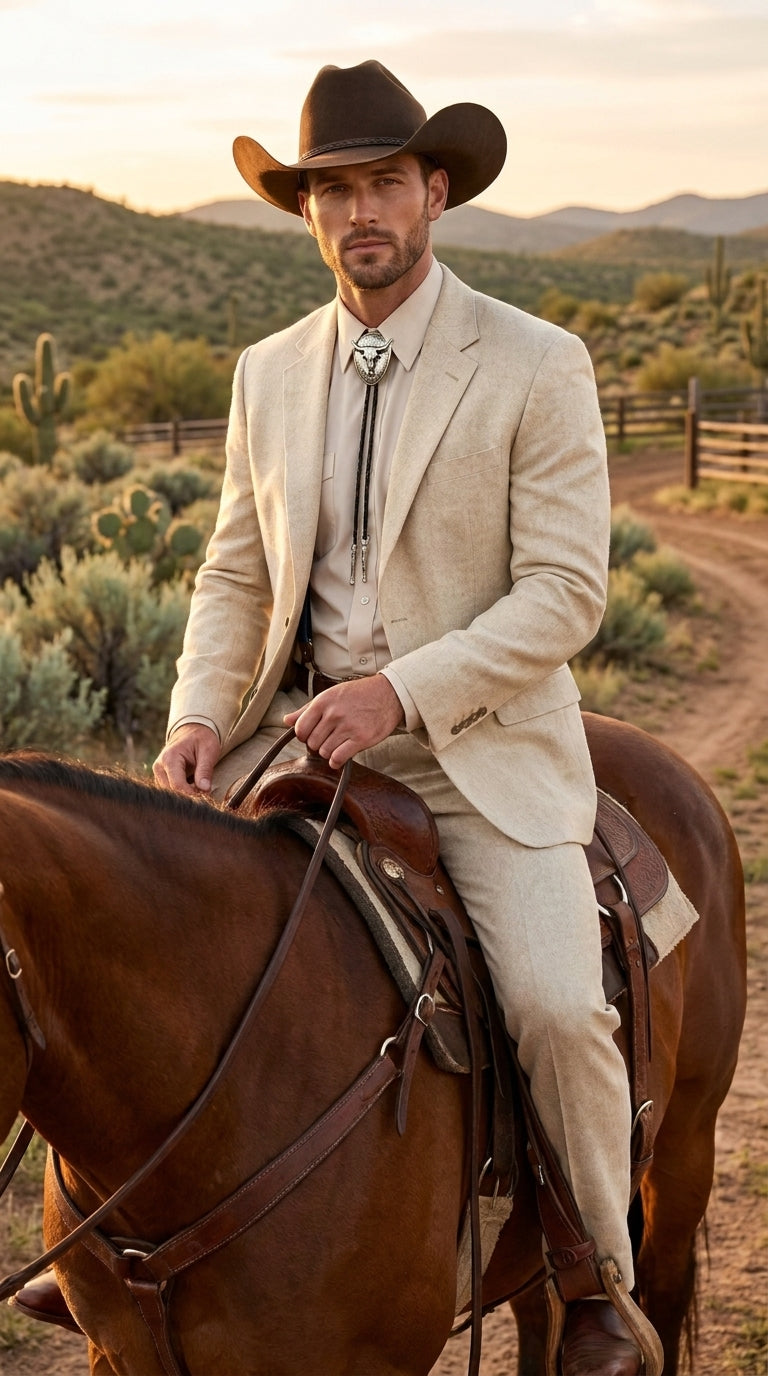Men’s Natural Sand Linen Western Suit – Cowboy Wedding Jacket & Pants Linen Suit