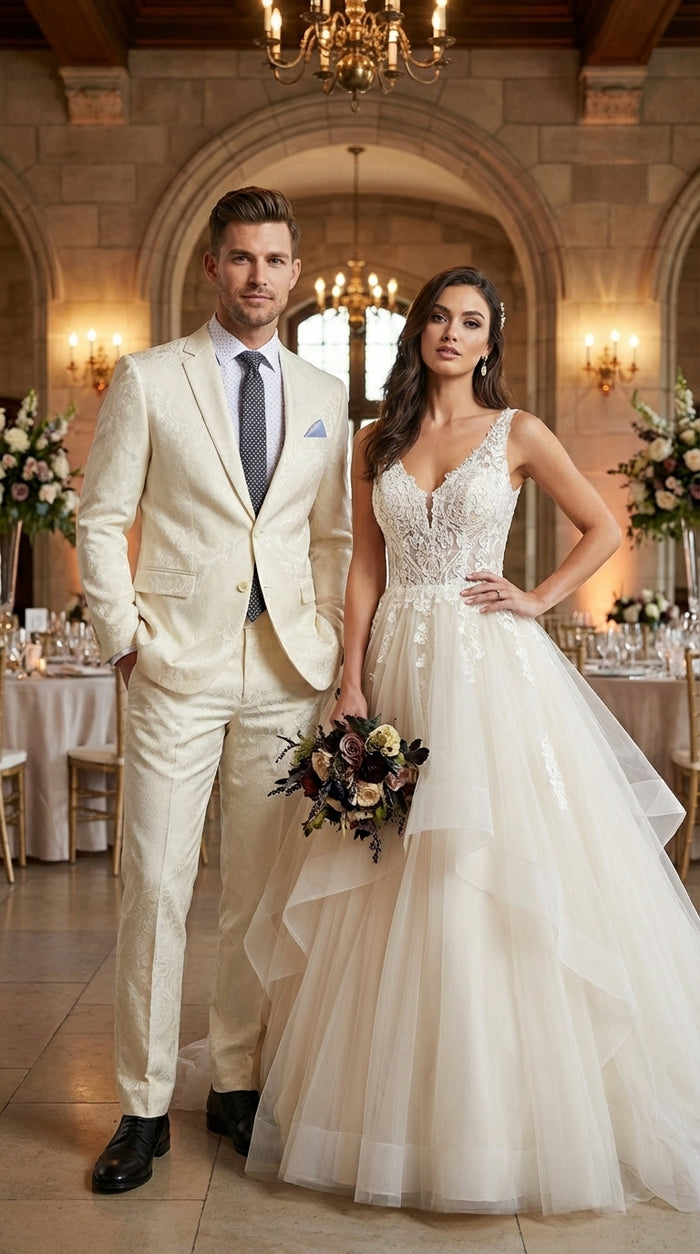 Men’s Ivory Paisley Shiny Suit – Flroal Formal Wedding and Prom Suit for Party, in Cream Off White Modern Fit