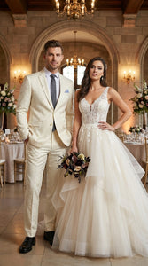 Men’s Ivory Paisley Shiny Suit – Flroal Formal Wedding and Prom Suit for Party, in Cream Off White